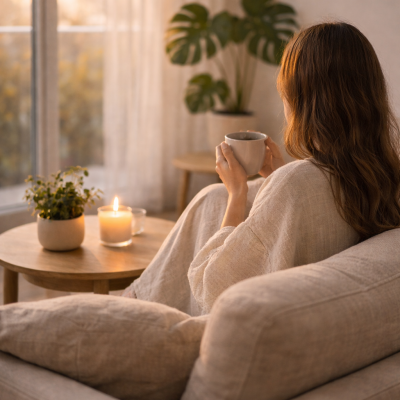 living room luz matutina con mujer