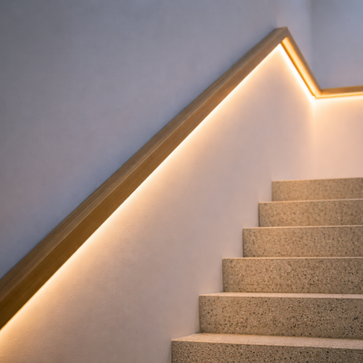 modern staircase with warm wood accents